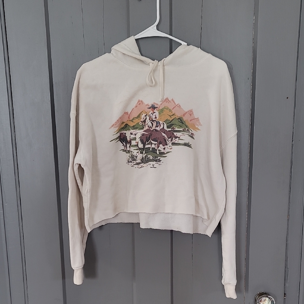 Cowgirl Western Graphic Cropped Raw Edge Cream Hoodie - Picture 2 of 4